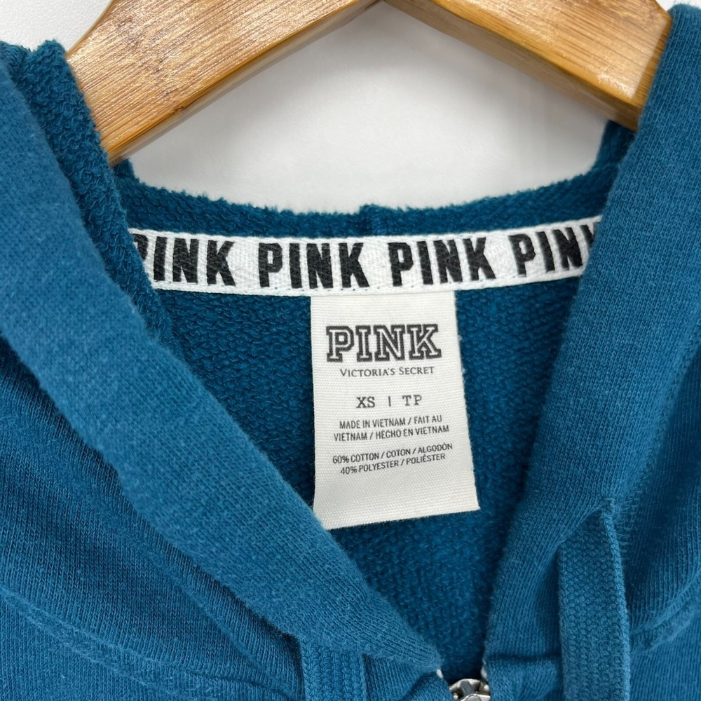 PINK Victoria's Secret Full Zip Hoodie Women's Size XS Blue Logo Cotton Blend - Picture 4 of 9